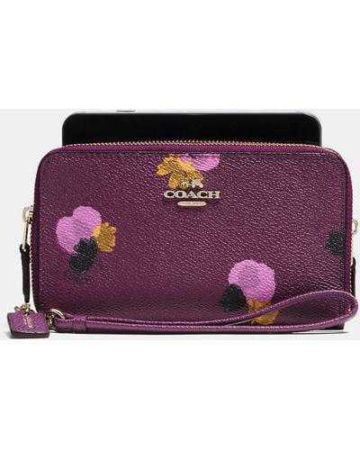 COACH Double Zip Phone Wallet In Floral Print Coated Canvas - Purple