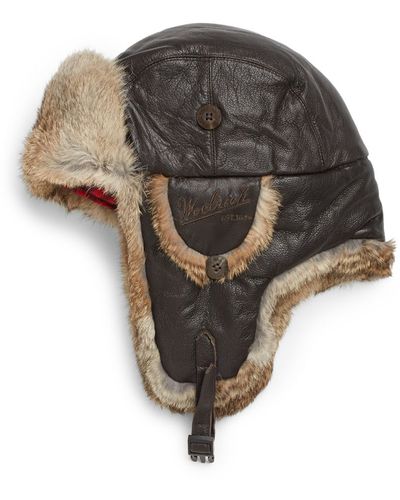Woolrich Lambskin Leather & Rabbit Fur Trapper Hat - Brown