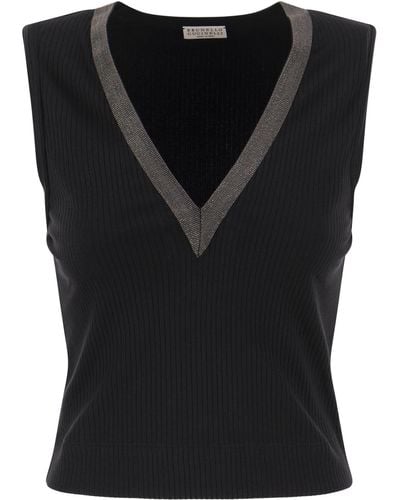 Brunello Cucinelli Stretch Cotton Rib Jersey Top With Shiny Collar - Black