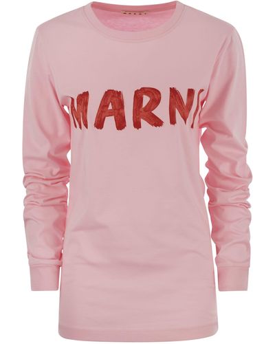 Marni T-shirt en coton à manches longues avec lettrage - Rose