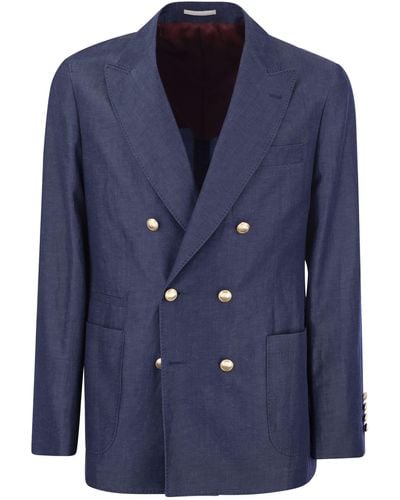 Brunello Cucinelli Jacket à poitrine simple en laine et serpentage en linge - Bleu