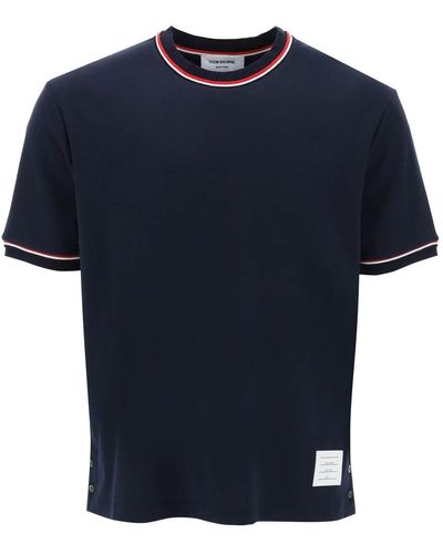 Thom Browne Milano Stitch T Shirt With Rwb Stripe Trims - Blue