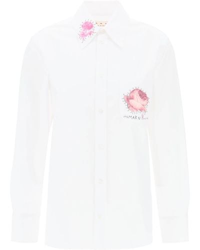 Marni "Hemd mit Blumendruckfleck und bestickter Logo - Weiß