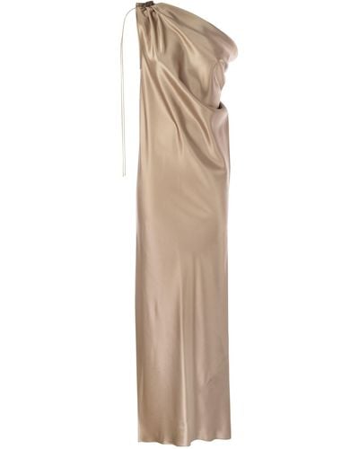 Max Mara Opera Silk Satin Een Schouderjurk - Naturel