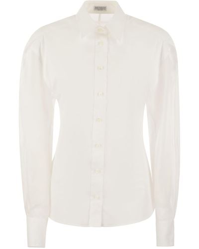 Brunello Cucinelli STRING COLTHY POPLIN Camiseta con mangas de organza y collar de algodón - Blanco