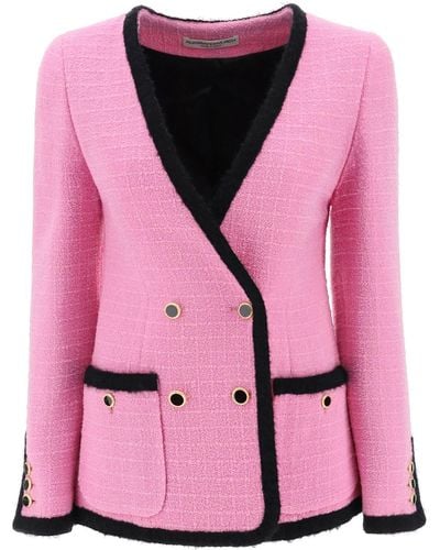 Alessandra Rich Double Breasted Boucle Tweed Jacket - Roze