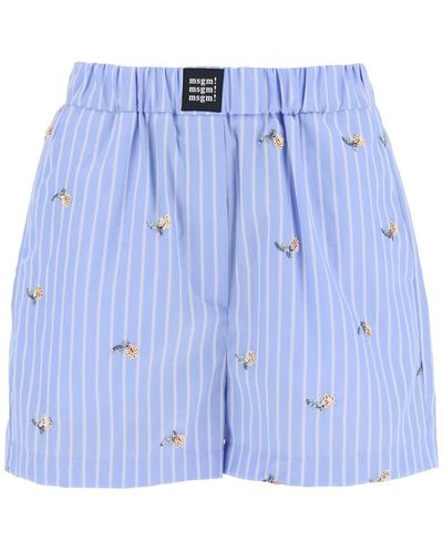 MSGM Gestreifte Poplin -Shorts mit Paillettenblumen - Bleu
