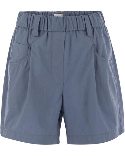 Brunello Cucinelli Vijf Pocket Shorts In Lichtgewicht Gerimpelde Katoenpoplin Met Glanzend Tabblad - Blauw