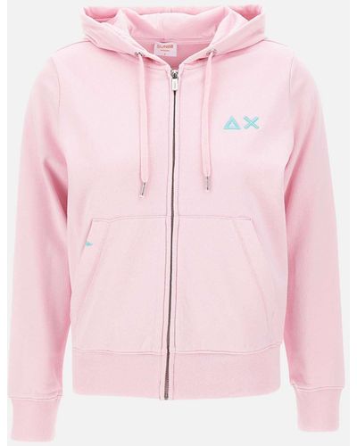Sun 68 Hood Zip Sweater With Aqua Logo - Pink