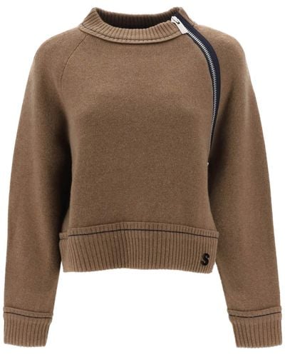 Sacai Pullover In Cashmere E Cotone - Marrone