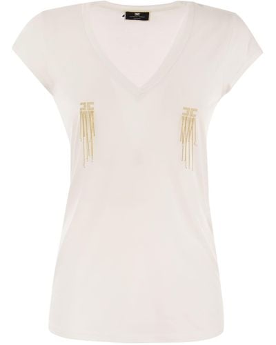Elisabetta Franchi Jersey T -Shirt mit Kettendetails - Weiß