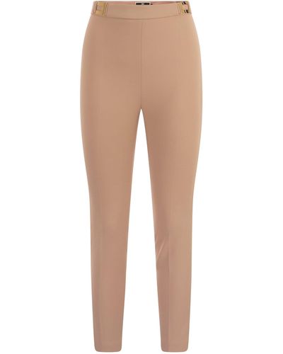 Elisabetta Franchi Straight Crepe Pants With Logo Plaques - Natural