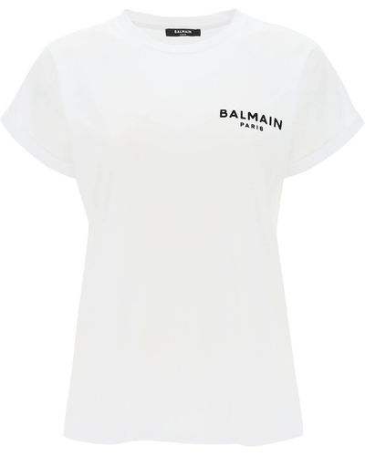 Balmain T -Shirt mit flockendem Logo -Druck - Blanc