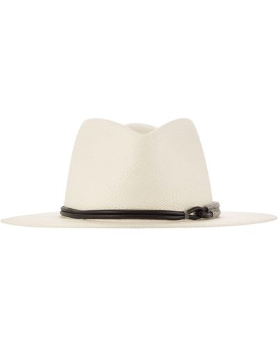 Brunello Cucinelli Fedora de paille avec bande en cuir et collier - Blanc