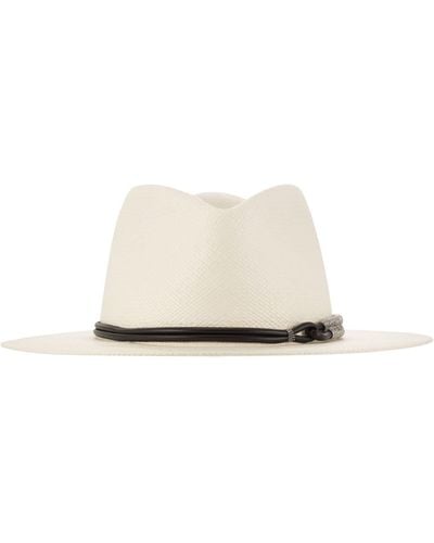Brunello Cucinelli Straw Fedora With Leather Band And Necklace - White