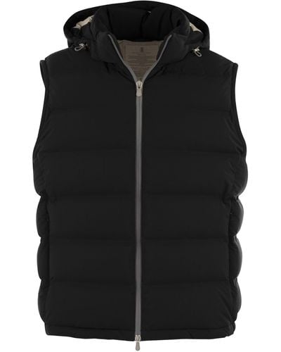 Brunello Cucinelli Sans manches veste en taffeta à membrane avec des bandes de chaleur et une capuche détachable - Noir