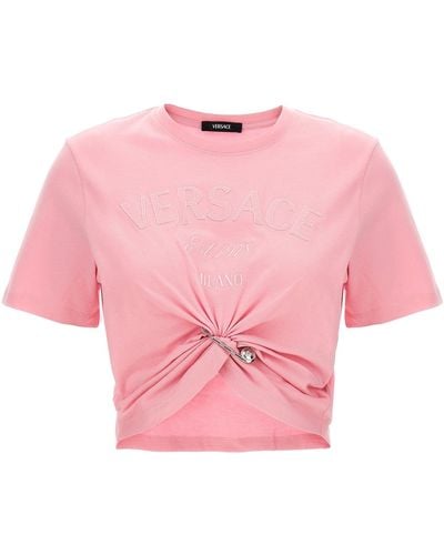 Versace Bropped T -shirt Met Geborduurde Logo -pin - Roze