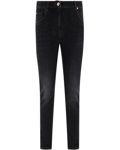 Brunello Cucinelli Jeans con pestaña de cuero brillante - Negro
