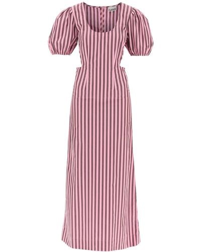 Ganni Striped Cut-out Organic Cotton Dress - Purple