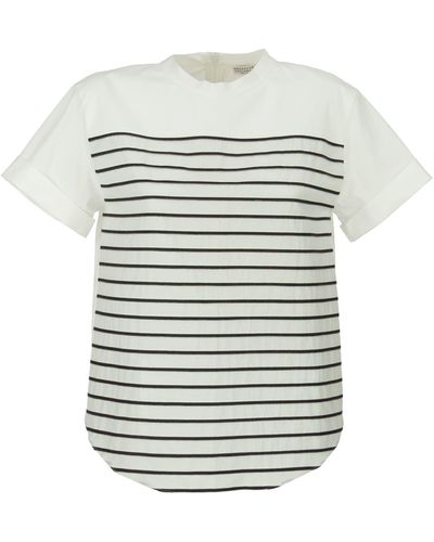 Brunello Cucinelli Stretch Cotton Popelt -T -Shirt mit glänzenden Streifen - Weiß