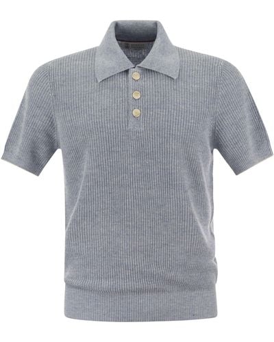 Brunello Cucinelli Leinen und Baumwoll -Halbrippen -Polo -Hemd mit kontrastierenden Details - Grau