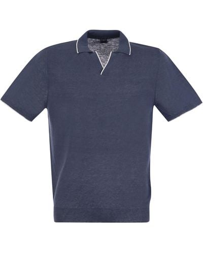 Fedeli Polo Shirt con colletto aperto in lino e cotone - Blu