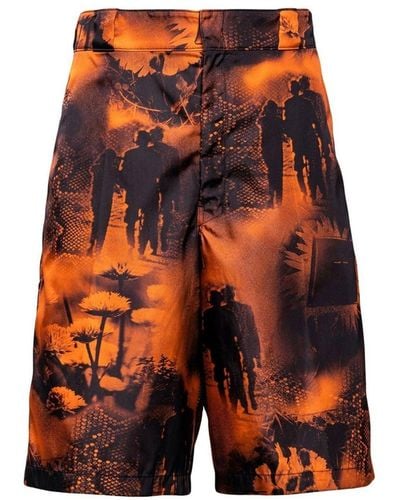Prada Re Nylon Human Print Bermudas Shorts - Naranja
