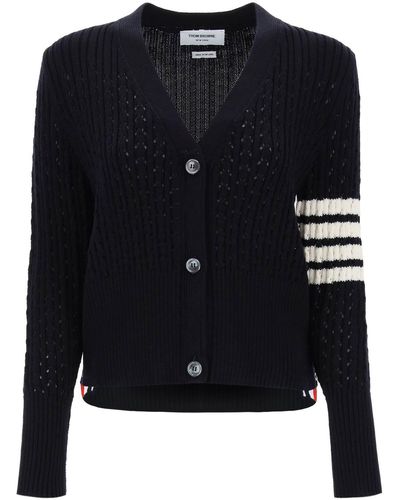 Thom Browne Pointelle Stitch Merino Wool 4 Bar Cardigan - Zwart