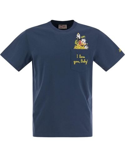 Mc2 Saint Barth Dollar Duck T -shirt Met Borduurwerk Op Zak - Blauw