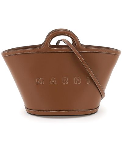 Marni Leren Kleine Tropicalia Bucket Bag - Bruin