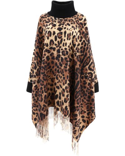 Dolce & Gabbana Cashmere And Wool Poncho With Fringing In Animal Print - Brown