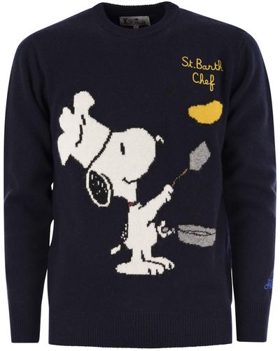 Mc2 Saint Barth Snoopy Chef Sweater In Wool And Cashmere Blend - Blue