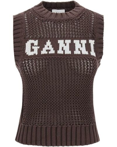 Ganni Gilet en tricot de point ouvert avec logo - Marron