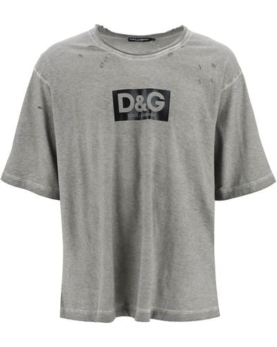 Dolce & Gabbana Camiseta de algodón lavada de con detalles destruidos - Gris