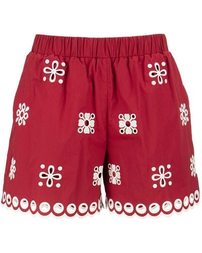 RED Valentino Pantalones cortos de algodón rojo de con bordado sangallo
