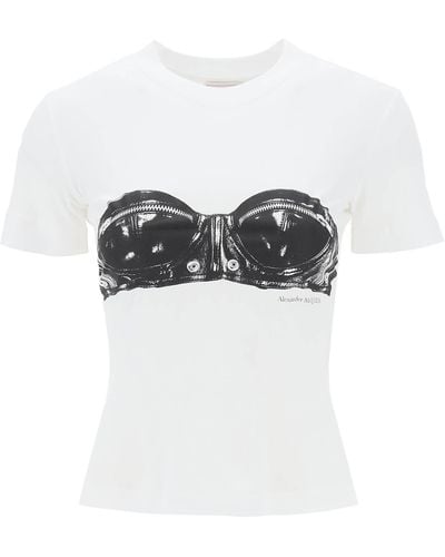 Alexander McQueen T -Shirt mit Bustier Print - Blanco