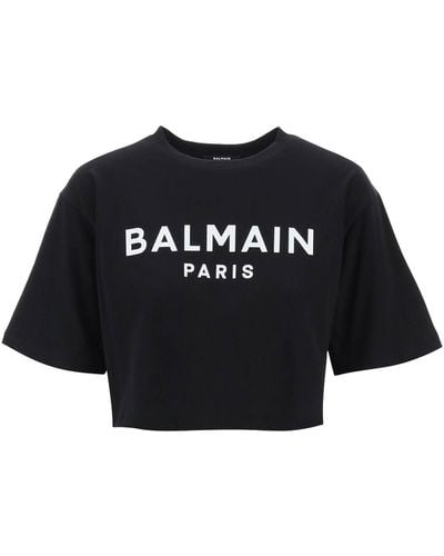 Balmain Camiseta de algodón recortada eco-responsable con estampado de logotipo - Negro