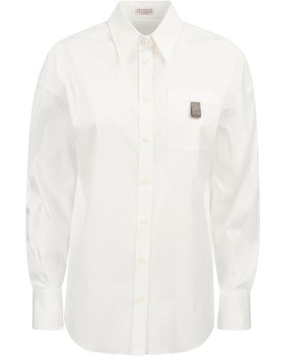 Brunello Cucinelli Stretch Cotton Poplin Shirt Met 'shiny Tab' - Wit