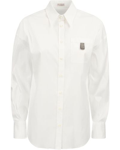 Brunello Cucinelli Stretch Cotton Poplin Shirt With Shiny Tab - White
