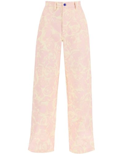 Burberry "Rose Print Canvas Workwear Pants" - Natural
