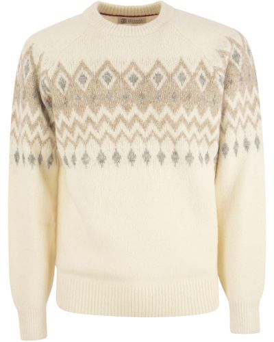 Brunello Cucinelli Ijslandse Jacquard Buttoned Sweater In Alpaca, Katoen En Wol - Naturel