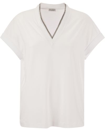 Brunello Cucinelli Maglietta di stretch cotton jersey con scollatura preziosa - Bianco