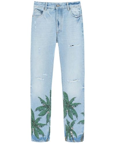 Palm Angels Palm Tree Print Regular Fit Jeans In Noodlijdende Denim - Blauw