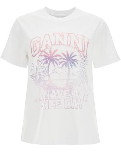 Ganni Printed Relaxed Fit T Shirt - White