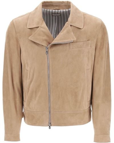 Brunello Cucinelli Giacca Biker In Pelle Scamosciata - Neutro