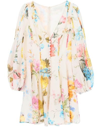 Zimmermann 'Halcyon' Mini -Kleid in Leinen mit Blumenmotiv - Blanco