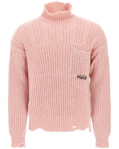 Marni Funnel-neck Sweater In Destroyed-effect Wool - Pink