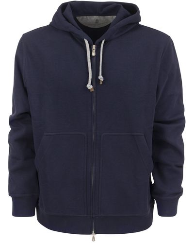 Brunello Cucinelli Techno Cotton Interlock Zip Front Hooded Sweatshirt - Blauw