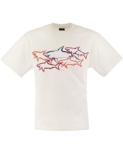 Paul & Shark Cotton T -shirt Met Haaienprint - Wit