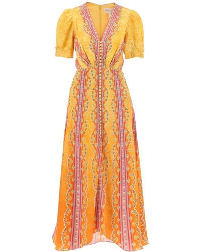 Saloni Long Silk Dress Lea In Acht - Oranje